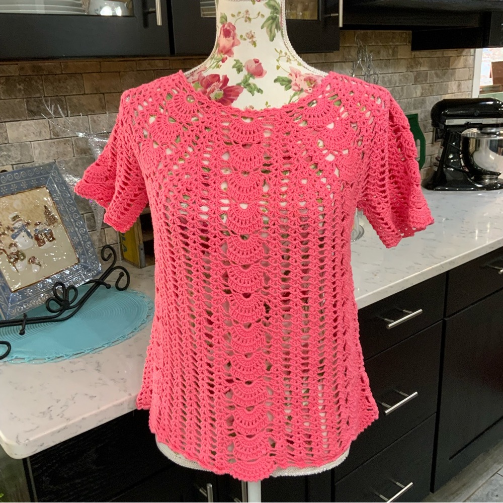 Pink Open Crochet Sweater Top Short Sleeve Round Neck Hand Made Barbie Core Sz M